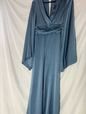 Fashion Nova Dusty Blue Satin V-Neck Jumpsuit